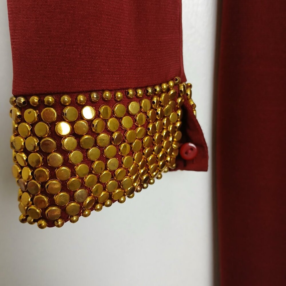 Elegant Burgundy Gold Studded High Neck Bodycon Midi Dress Sz M - Picture 7 of 14